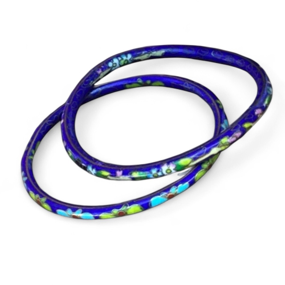 Vintage enameled hand made Chinese cloisonné bangles set x 2 pcs blue flowers